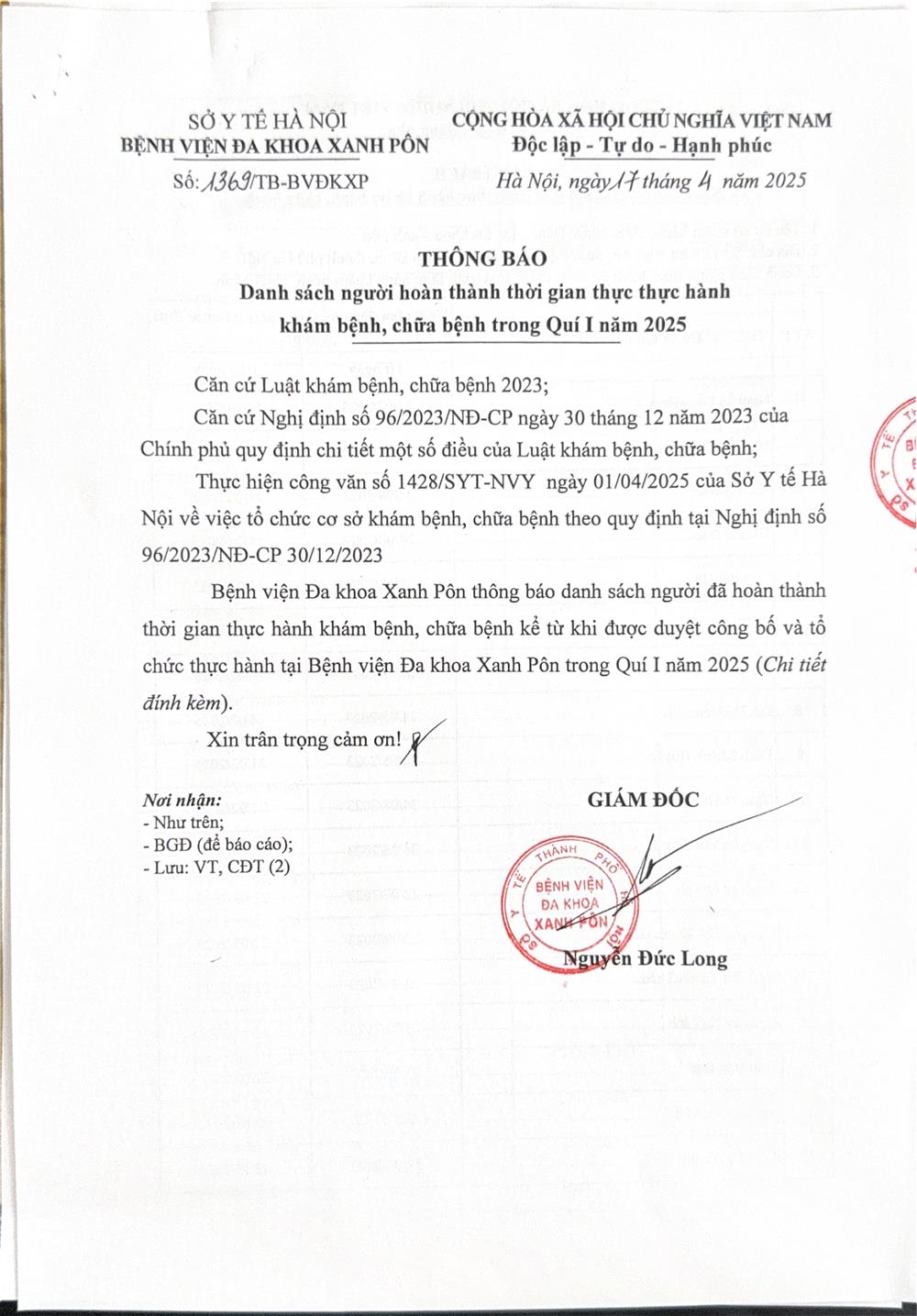 DANH SÁCH NGƯỜI HOÀN THÀNH THỜI GIAN THỰC HÀNH KHÁM BỆNH, CHỮA BỆNH TRONG QUÝ I NĂM 2025
